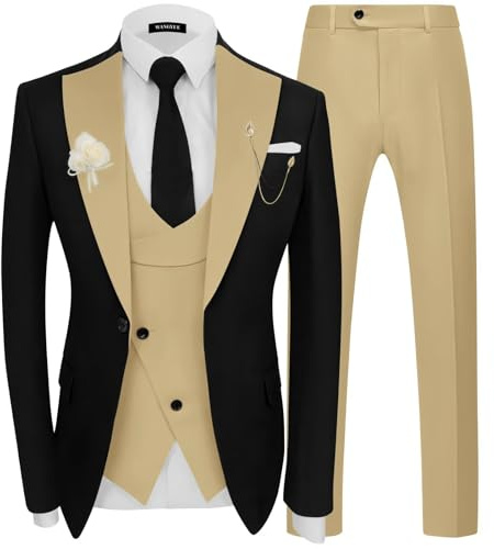 Wangyue Champagne Mens Suit 3 Piece Slim Fit Tuxedos Suits Set Double Breasted Suit for Men Formal Prom Suits Champagne Men's Tuxedo Blazer Vest Pants Wedding Tux for Groomsmen L