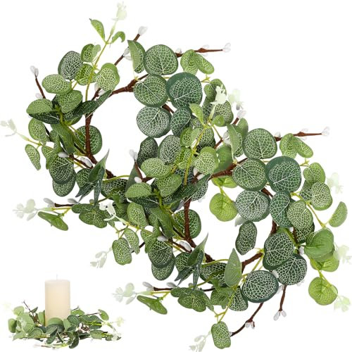 DEARMAMY 2Pcs Candle Rings Candle Wreaths Rings Wreaths Artificial Eucalyptus Leaves s Holder Pillar Holder for Wedding Table Party Home Easter Decor