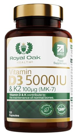 Vitamin D3 5000 IU & Vitamin K2 100mcg (MK-7) x120 Capsules, 4 Month Supply - High Strength Vitamin D & K2 Supplement for Men & Women, Made in The UK by Royal Oak Health