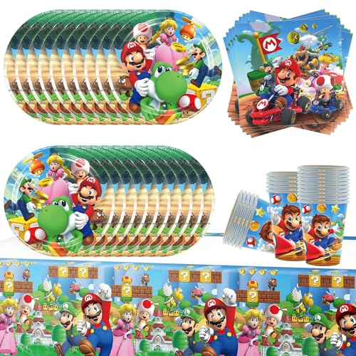 Set di stoviglie per feste di compleanno per bambini, 61 pezzi, decorazioni per bambini, set per feste di compleanno per ragazzi e ragazze, include tovaglia, piatti piani, bicchieri di carta