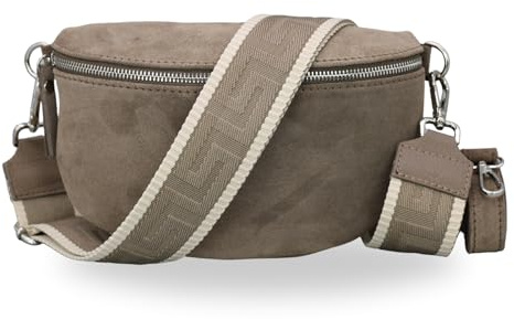 Brise Art Bauchtasche Damen Echtes Wildleder SAHEL Handgemachte Umhängetasche Crossbody Bag Hüfttasche mit Ledergurt + Optionalen Breiten Gemusterten Riemen Gürteltasche Made in Italy (Dunkeltaupe 3)
