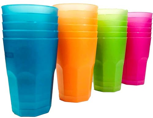Table'Colors 24 Verres à Cocktail Multicolores 42 cl - Gobelets - Plastique Rigide - Eco-Cup - Mojito - Orange - Vert - Bleu - Rose - Passe au Lave-Vaisselle - Réutilisables - Solides