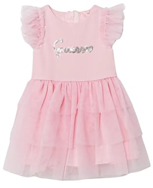 Guess Baby Girl Eco Short Sleeve Mesh Dress and Diaper Cover, Cotton Candy Pink, 12 Months