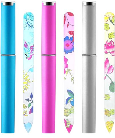 PEOVLVN 3 Pack Glass Nail Files for Natural Nails, Glass Nail File with Case Crystal Nail File Professional Manicure Tool Nail Care Fingernail Files for Women Christmas Stocking Stuffers (Printing)