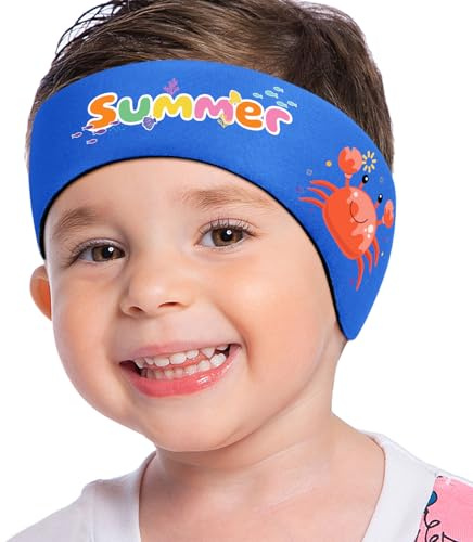MoKo Swimming Headband for Kids, Cute Swinmmers Headband Ear Band for Kids Keep Water Out Waterproof Ear Protection Band for Bathing Swimming Ear Band for Kids Age 1-3 S Size, Dark Blue-Orange Crab
