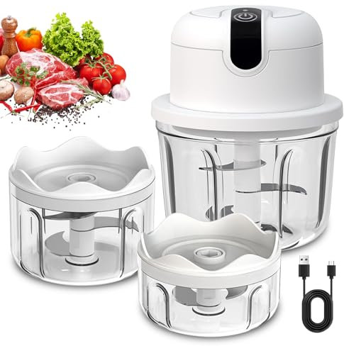 Mini Hachoir Electrique Rechargeable USB 350 ml - Trois Tasses, Coupe-légumes Sans Fil pour Ail, Fruits, Viande, Légumes