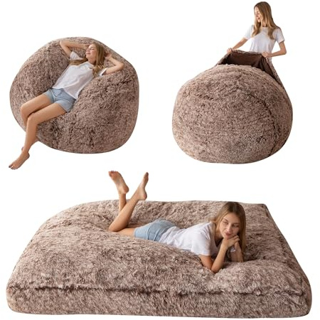 MAXYOYO Pouf gigante – trasformabile da pouf a letto – grande divano con rivestimento in peluche e soffice imbottitura inclusa, per adulti, coppie, ospiti (marrone, 150 x 200 cm)