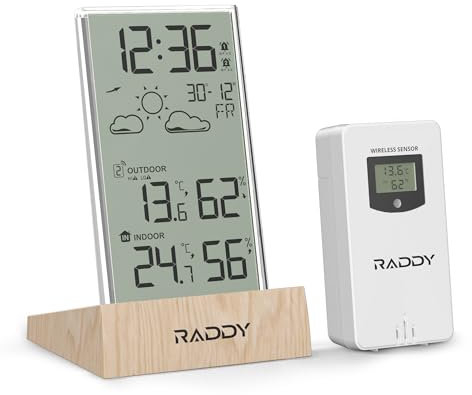Raddy V5 Station météo sans fil, Thermomètre & Hygromètre intérieur/extérieur, Écran LCD 5 Température & Humidité, Prévisions météo & capteur à distance, Cadre en acrylique transparent