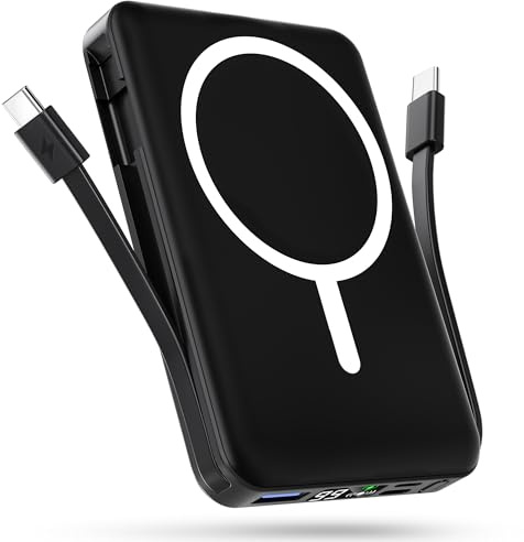 Podoru Powerbank per Mag-safe, 10000mAh Power Bank Magnetico, Powerbank Wireless con Cavi USB-C Doppi 20W PD Ricarica Rapida, Caricatore Wireless Portatile per iPhone 17/16/15/14/13/12 Series-Nero