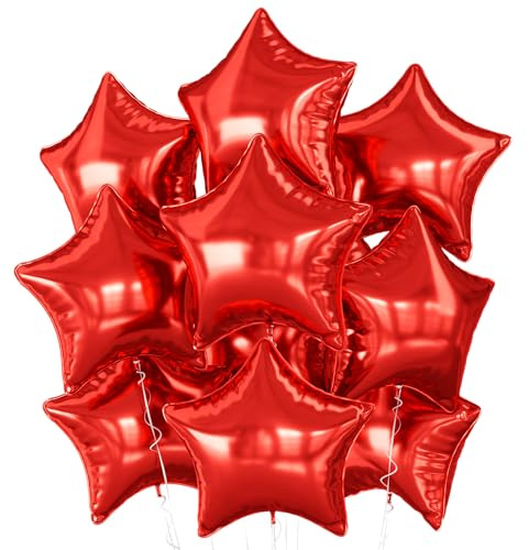 Red Star Balloons Foil, 10PCS Red Foil Stars Shape Balloons, 18 Inch Metallic Stars Balloon for Helium Pentagram Balloon for Birthday, Anniversary, New Year, Christmas Party Decoration