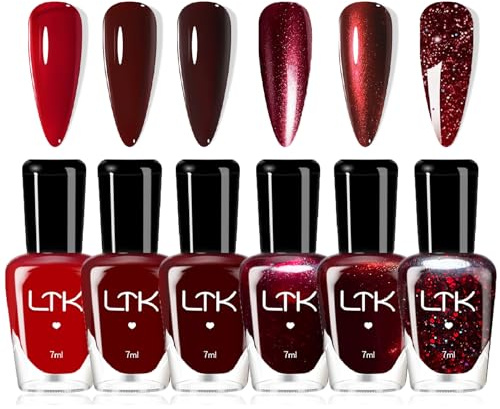 Red Nail Varnish Set, 6Pcs Quick Dry Dark Burgundy Bloody Mary Red Nail Polish, Christmas Glitter Holographic Nail Art Varnish, Long-Lasting No UV Nail Paint for Festive DIY Manicure