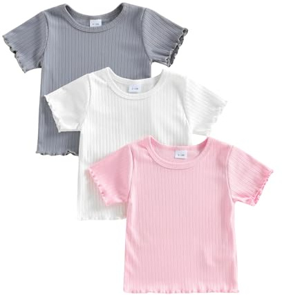 Yigubigu Toddler Girl Boy 3 Pack Tops Solid Color Ribbed Ice Silk Short Sleeve Crew Neck T-Shirts 3 Piece Kid Clothing Set (White, 3-4T)