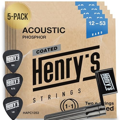 PowerTone - Cuerdas para guitarra Western (5 unidades, manivela de cuerda, 3 púas y 3 cuerdas E1 extra, calidad de sonido brillante, cuerdas de guitarra acústica, 12-53)