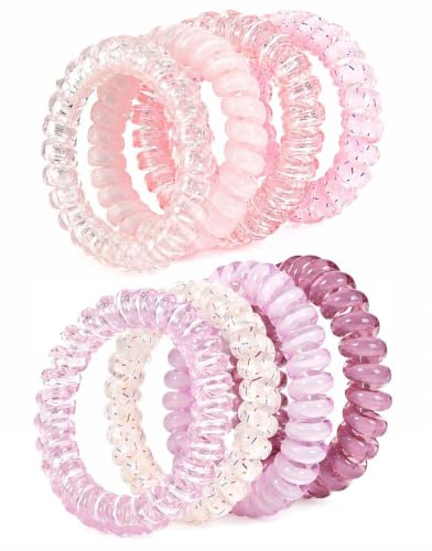 8-Piece Spiral Hair Ties, Purple and Pink Coil Design with Jelly Finish | Solid, glitter and speckle patterns, transparent coil ties for ponytails, buns, daily wear, work and holidays