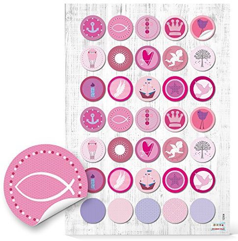 Logbuch-Verlag 35 Kindersticker rosa pink Aufkleber Kommunion Fische Anker Taufe Geburtstag Kinderaufkleber Mädchen rund 3 cm
