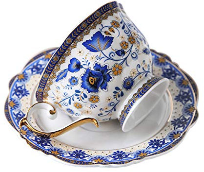 fanquare Blau Blume Fine Bone China Teetasse Set, Vintage Porzellan Kaffeetasse und Untertasse, 200ml