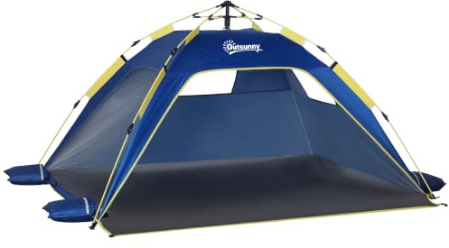 Outsunny Tenda da Spiaggia con Finestre 220x173x120 cm Blu e | Porta a Cerniera, Tenda Istantanea, Poliestere e Fibra di Vetro, Richiudibili