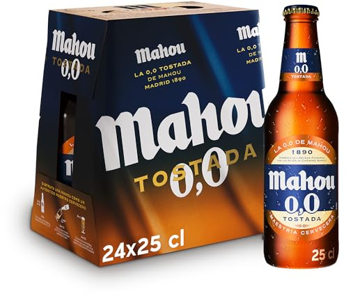 Mahou 0,0 Tostada, Pack de 24 Botellas x 25 cl, Cerveza Sin Alcohol, Refrescante, Ligera y Suave, Sabor Auténtico de Cerveza, 0.0% Vol Alcohol