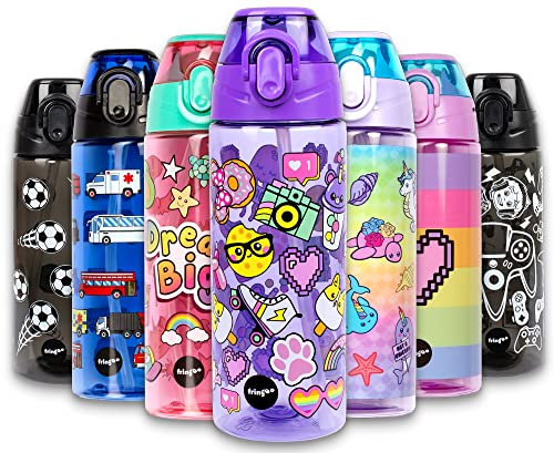 Fringoo Kids Water Bottle with Straw 100% Leakproof BPA FREE 600ml Bottle For School Nursery | Travel Bottle for Children | Sport Water Bottle (Rainbow Smile, 600 ml)