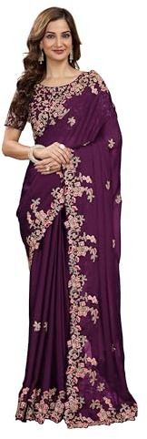 TRENDMALLS Women's Rangoli Silk Heavy Embroidred Saree with Unstitch Blouse Piece (K954-Purple)