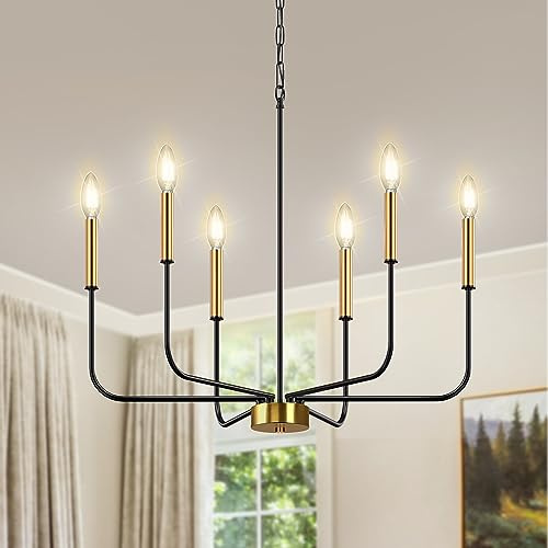 DORESshop 6-Light Black and Gold Farmhouse Chandeliers for Dining Room, Light Fixture Adjustable Height, Industrial Modern Chandeliers for Living Room, Bedroom and Foyer