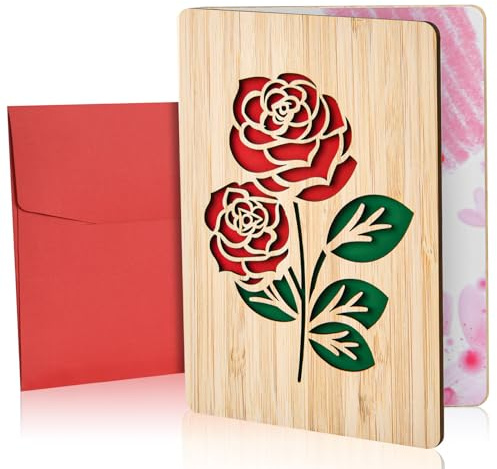 Vicloon Tarjeta de Regalo de Felicitacion de Madera con Flor, Hecha a Mano, con Sobres, para Cumpleanos, Bodas y San Valentin (Rosa)