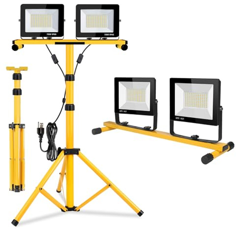 22000 Lumen Work Lights with Stand, 2 Adjustable Head LED Work Light, with Adjustable and Foldable Tripod Stand, Waterproof Lamp with Individual Switch with 6500 Kelvin Color (2-head)
