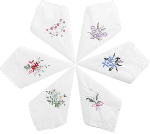 TIESOME 6 Stück stofftaschentücher damen, Taschentücher Baumwolle mit Blumen Stickereien und Spitze Kante, taschentücher stoff für Hochzeiten, Muttertag oder Weihnachten