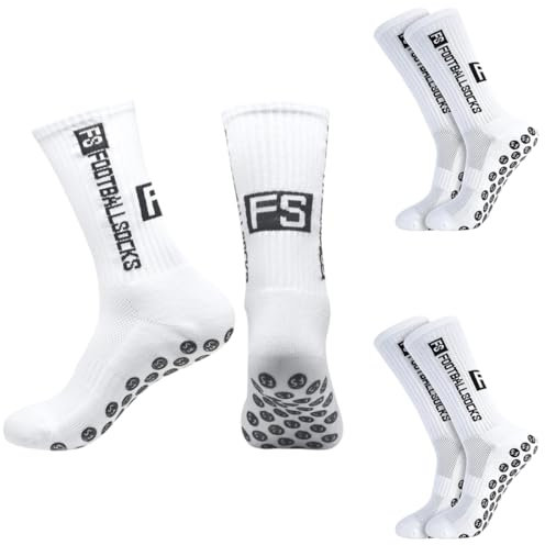 ZEPIQOR 3 Paires Chaussette Antidérapante Foot Chaussettes Antiderapantes Homme Femme, chaussette foot, EU 39-46 Chaussette Sport pour Football Basket Rugby Yoga Trekking Blanc