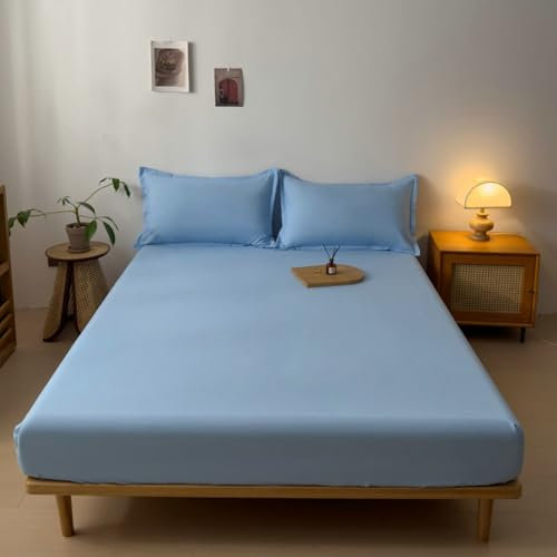 KnSam 150x190cm Betttuch mit 2er Kissenbezüge Set Gepolstert, Bettlaken Unterlage Einfarbig Faltenresistent und Ausbleichen, Baumwolle Laken für Bett Blau für alle Jahreszeiten