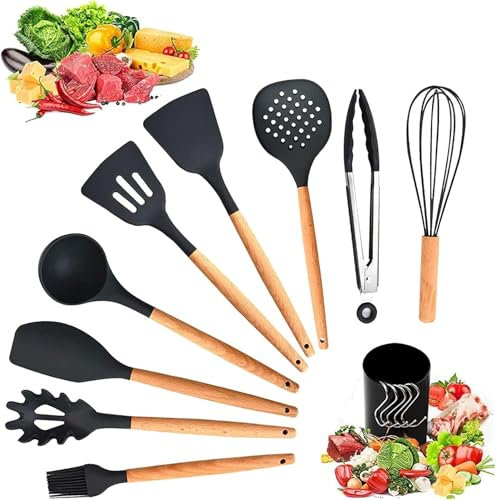Ozvavzk Set d'ustensile de Cuisine,11Pcs Ustensiles de Cuisine en Silicone Poêle Antiadhésive Kit Ustensiles Cuisine avec Boîte de Rangement et Crochet Poignées en Bois Support Équipement Cuisine (2)