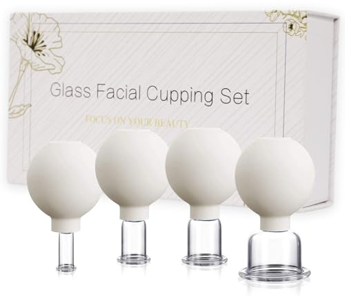okmaba 4PCS Glass Facial Cupping Set, Anti Aging Face Cupping Cups for Face & Neck Lift, Glowing Skin - Rejuvenation, Lymphatic Drainage, Facial Vacuum Suction Cups (White)