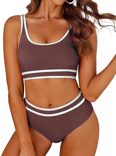 AI'MAGE Badeanzug Damen Sport Bauchweg Bikini Set High Waist Bikini-Sets Bademode Push Up Sportlich, Bordeaux L