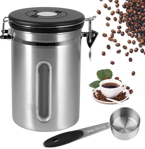 ZONJIE Boîte à café hermétique - 1,8 l - En acier inoxydable - 1 kg - Avec cuillère doseuse, valve CO2 et date - Pour café moulu et grains de café moulu - Argenté