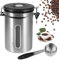 Lata de café hermética - Contenedor de café en grano de acero inoxidable de 1,8 l, recipiente de almacenamiento de café en grano al vacío con cuchara medidora, válvula de CO2 y fecha de caf (Plata)