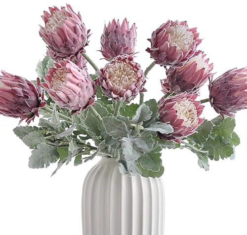 UniqKaliber 4-delad konstgjord kung prote blomma tropiska blommor bukett vår falska protea cynaroider blomsterarrangemang silkesblomma bukett för bröllop bord bordsuppsats dekor