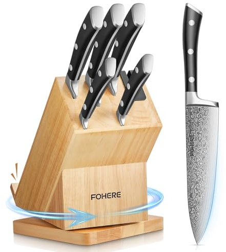 Couteaux de Cuisine, Pivotant à 360 Porte couteaux, 6 Pièces Couteau Cuisine Professionnel, Acier Inoxydable Haut Carbone, Bloc à Couteaux A uto Affûtant, Avec Support Pour Téléphone Portable