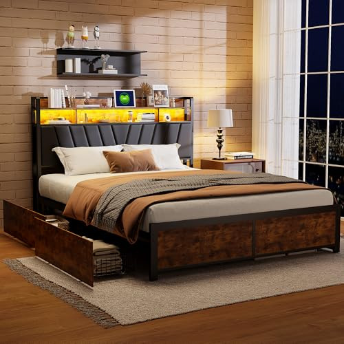 BRILVERDE Cama metálica 140x200 con Almacenaje, Cama matrimonial con Toma USB y luz LED, con 4 cajones, Cabecero Acolchado y Base de Láminas, PU (Negro, 140 x 200 cm)
