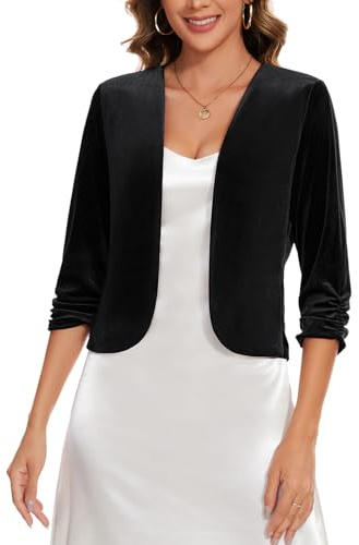 Kyzoeyou Ladies Velvet Shrugs 3/4 Ruched Sleeve Womens UK Smart Crop Cover Up Front Lined Fit Jackets Cardigans Sweater Open Front Outerwear Vintage Bolero Top (Black S)