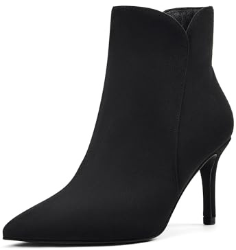 Zhabtuc bottines femme avec talon de 8 cm, bout pointu sexy, chaussures de soirée et de fête élégantes avec fermeture éclair latérale, daim noir, 39 EU