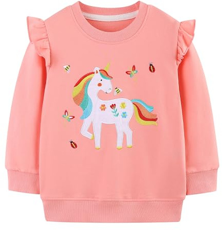Tokeya Flickor sweatshirts bomull veckad långärmad jumper söt djur t-shirt rund hals vardagsbruk barnkläder mjuk komfort varm pullover toppar för sport utomhus flickkläder 2-7 år, Rosa, 3-4 Years