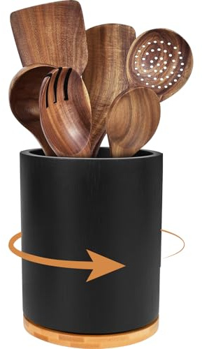 Wood Utensil Holder,7.3 Large Utensil Crock Cutlery Organiser,360° Rotating Countertop Storage Caddy Cooking Tool Organizer for Spatulas,Spoons & Whisks,Modern Farmhouse Kitchen Decor (Black)