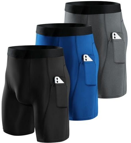 Niksa 3-pack kompressionsshorts för män, löpning baslager, shorts, kompression träningsshorts med mobiltelefonfickor täta torra och andningsbara sportshorts för cykling, yoga, boxning, gym, löpning...