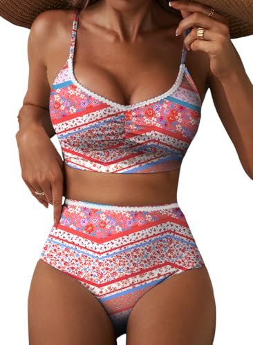 Herseas Women's Ruched Bikini Sets Moderate Coverage Swimsuits Ruched High Waisted Stretchy Breathable Two Piece Bathing Suits Bohemian Modest Casual Vacation Outfits XX-Large