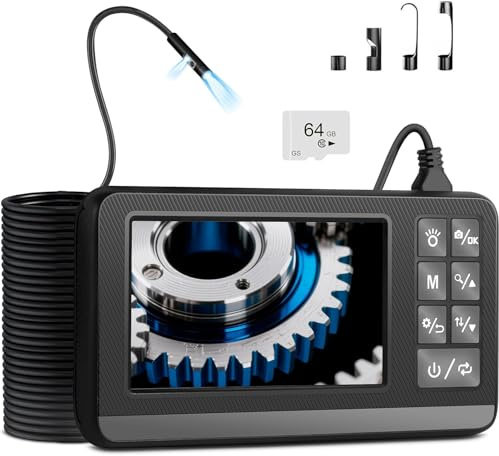 Cámara endoscópica con Doble Lente y luz, cámara endoscópica 1080P HD con LCD de 4,3 Pulgadas, Cable semirrígido de 10 m y Tarjeta de 64 GB, endoscopio de inspección endoscópica Impermeable IP67 para