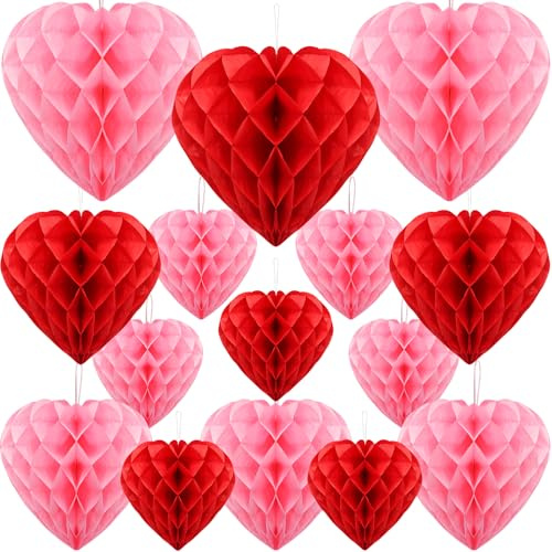 RAYNEAY 20PCS Heart Honeycomb Balls, Red Heart Shape Pendant Hanging Paper Pom Poms Decoration for Wedding Party