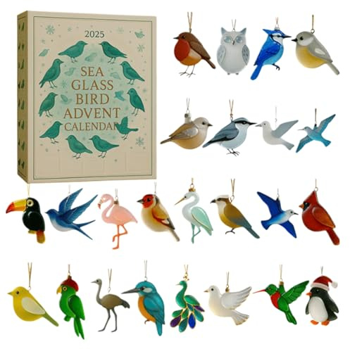 Sea Glass Bird Advent Christmas Calendar 2025, 24 Day Christmas Countdown Calendar, 24 Pieces 2d Acrylic Ornaments, For Adults Kids Vacation Party Favors Tree Car Rear View Mirror Wall Door