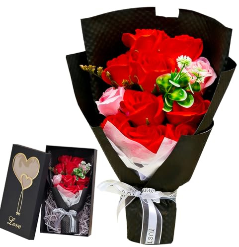KUKUTrue® Rosas Rojas Preservadas en Caja Regalo Negra con Ventana Recortada Corazón, Ramo de Rosas, Ramo de Flores, Caja Regalo San Valentin, Regalos San Valentín para Ella
