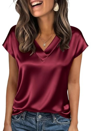 OLIPHEE Tshirt Seta Donna Elegante con Scollo a V Manica Corta Satin Blusa Donna Estiva Primavera Camica in Raso Loose Business Top da Ufficio in Tinta Unita Bordeaux S