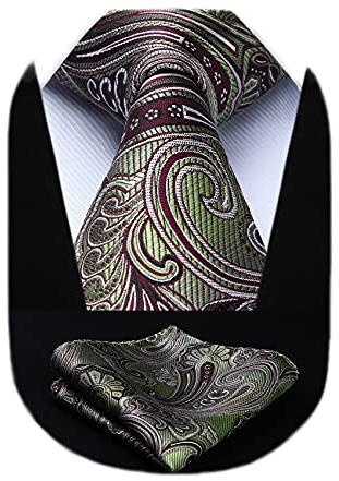 HISDERN Mens Paisley Tie and Handkerchief Set Extra Long Tie with Pocket Square Elegant Formal Sage Green Necktie for Wedding Business, XL, 160CM